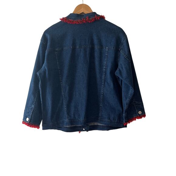 Vintage 90s Beverly's Red Fringe Denim Jacket Size Large - Picture 2 of 5